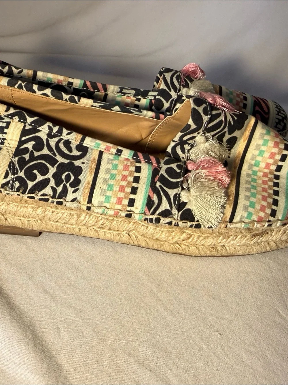 Crown Vintage Multicolor Patterned Espadrille Flats with Pink & Cream Tassels
